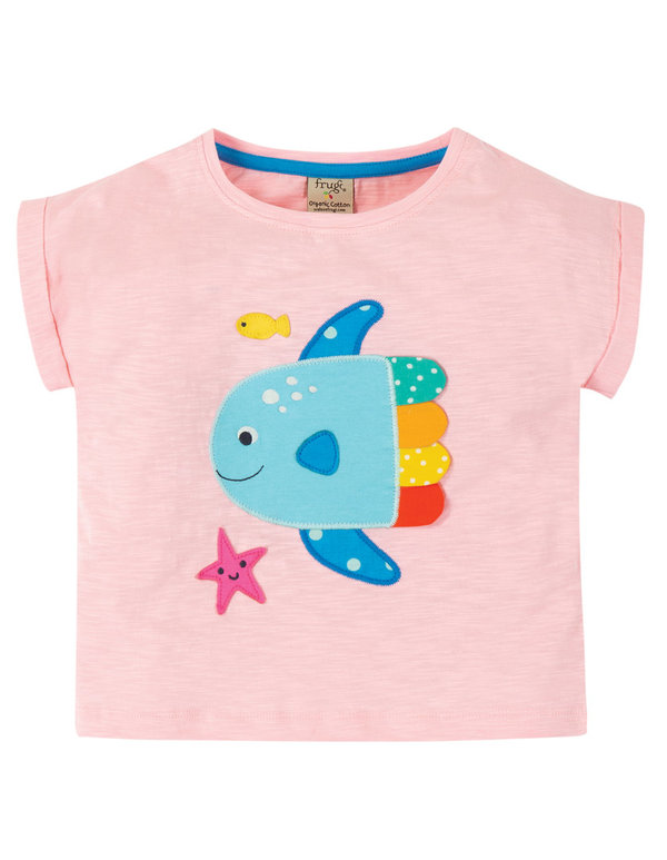 Frugi - Sophia Slub T-shirt soft pink fish - T-shirt in rosa mit Fisch Applikation