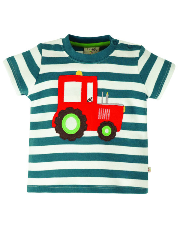 Frugi - Little Wheels Applique Top Tractor - blau / weiß gestreiftes T-Shirt mit Traktor