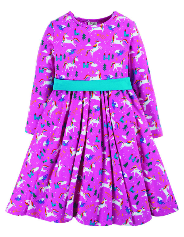 Frugi - little Unicorns Party Skater Dress - Einhörner Kleid mit blauer Schleife