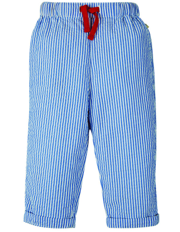 Frugi - little  Marnie Pull Ups Blue Stripe -  gestreifte Hose in blau / weiß Seersucker