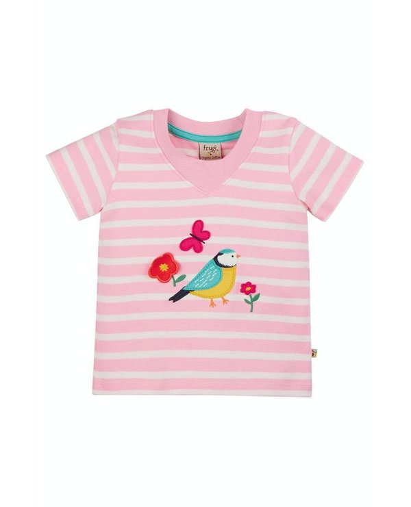 Frugi - Easy On Tee Flower Bird - gestreiftes T-Shirt mit Vogel und Blumen Applikation