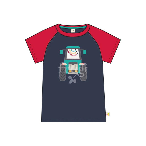 Frugi - Rafe Raglan T-Shirt Tractor - T-Shirt in blau und rot mit Traktor Applikation