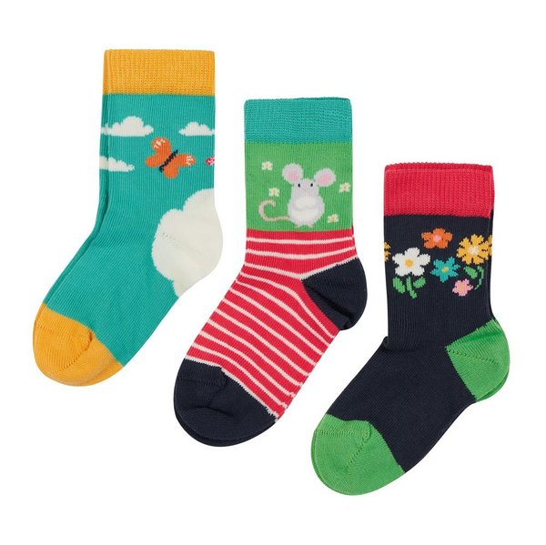 Frugi - little Socks 3 Pack Daisies Mouse Multipack - Socken 3er Pack mit Maus und Blumen Design