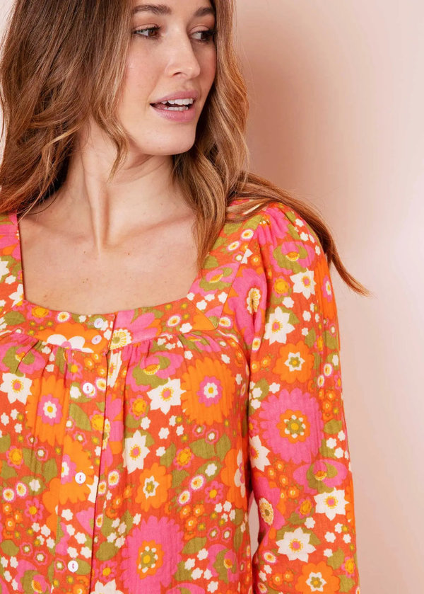 Anorak - Posy Bluse orange mit quadratischem Ausschnitt - Bluse,  Tunika mit Blumenprint