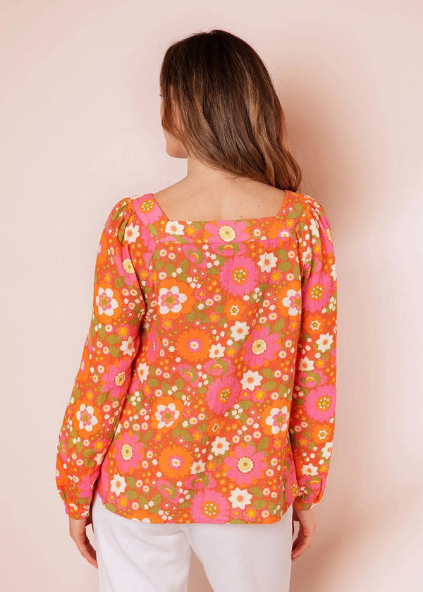 Anorak - Posy Bluse orange mit quadratischem Ausschnitt - Bluse,  Tunika mit Blumenprint