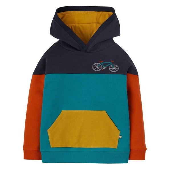 Frugi - Ben Colour Block Hoody - Kapuzenpullover mit Fahrrad Stickerrei in blau, orange, türkis