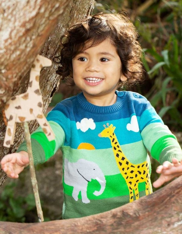 Frugi - Little Finn Jumper Zoo - Strickpullover mit Elefant, Giraffe und Zebra